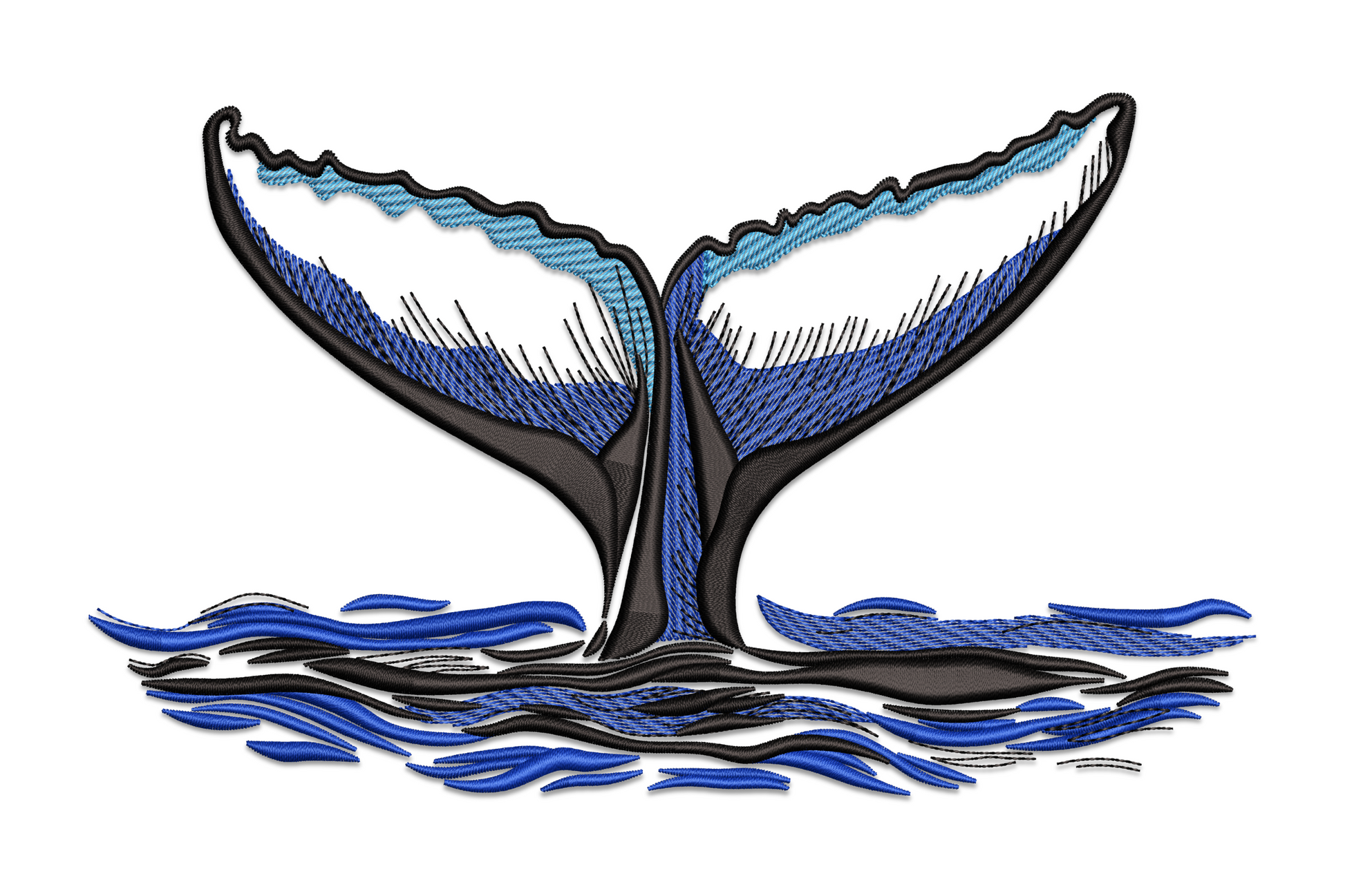 Whale tail embroidery design, deep navy blue flukes rising above black wave chop with sky blue edge highlight, 5 sizes.