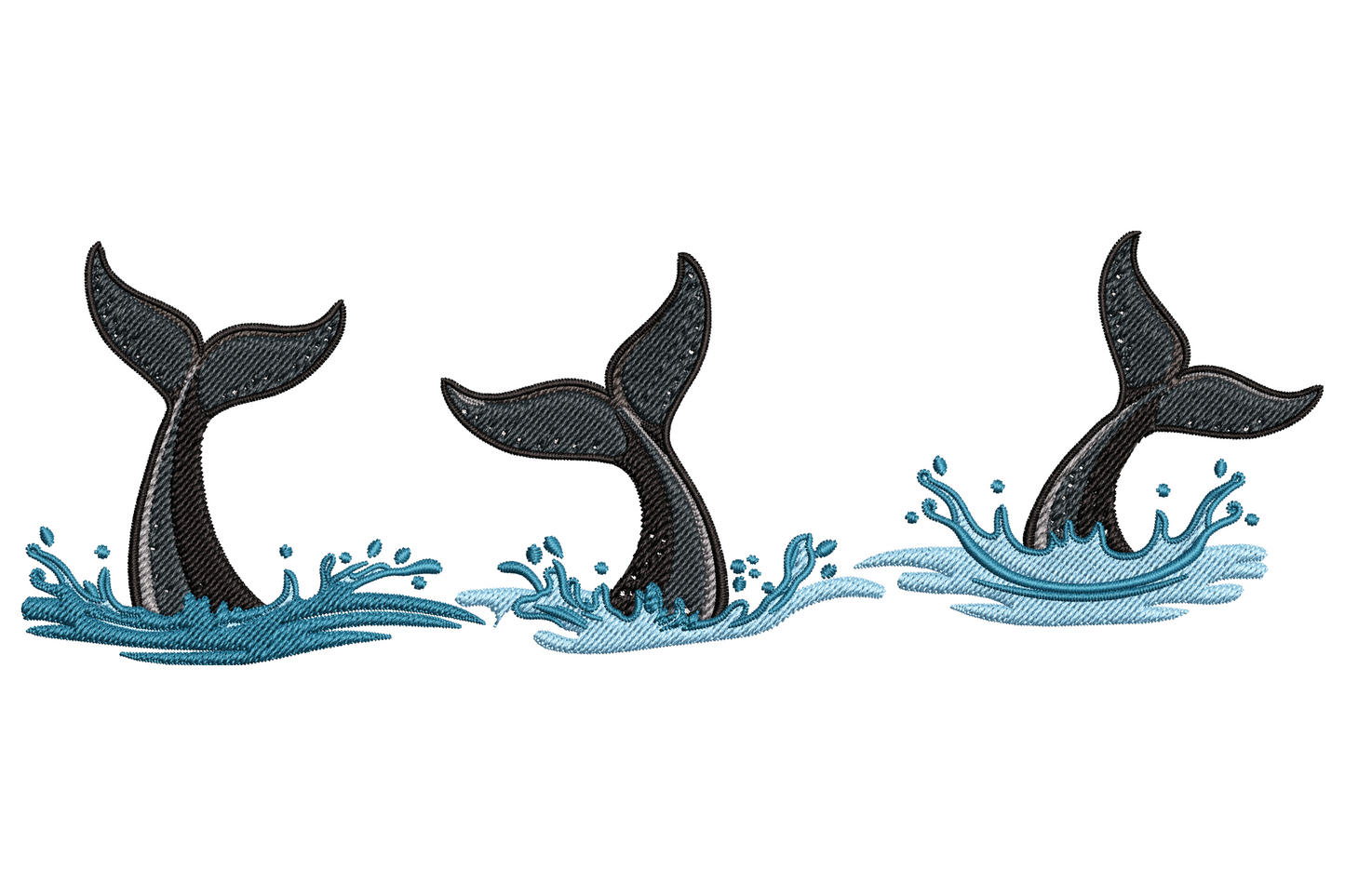 Whale tails embroidery design showing three black flukes breaching the ocean surface with blue water spray crowns.