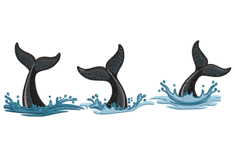 Whale tails embroidery design showing three black flukes breaching the ocean surface with blue water spray crowns.