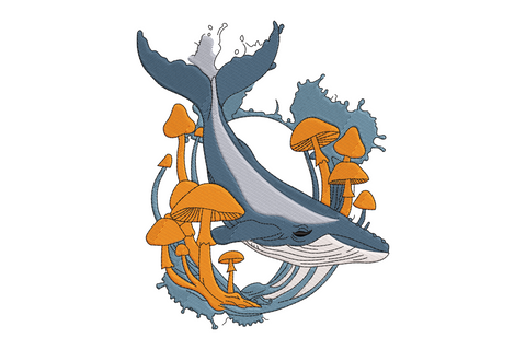 Embroidery design of a blue-grey humpback whale covered in bold orange mushrooms with a dark ocean splash base, 6 colors