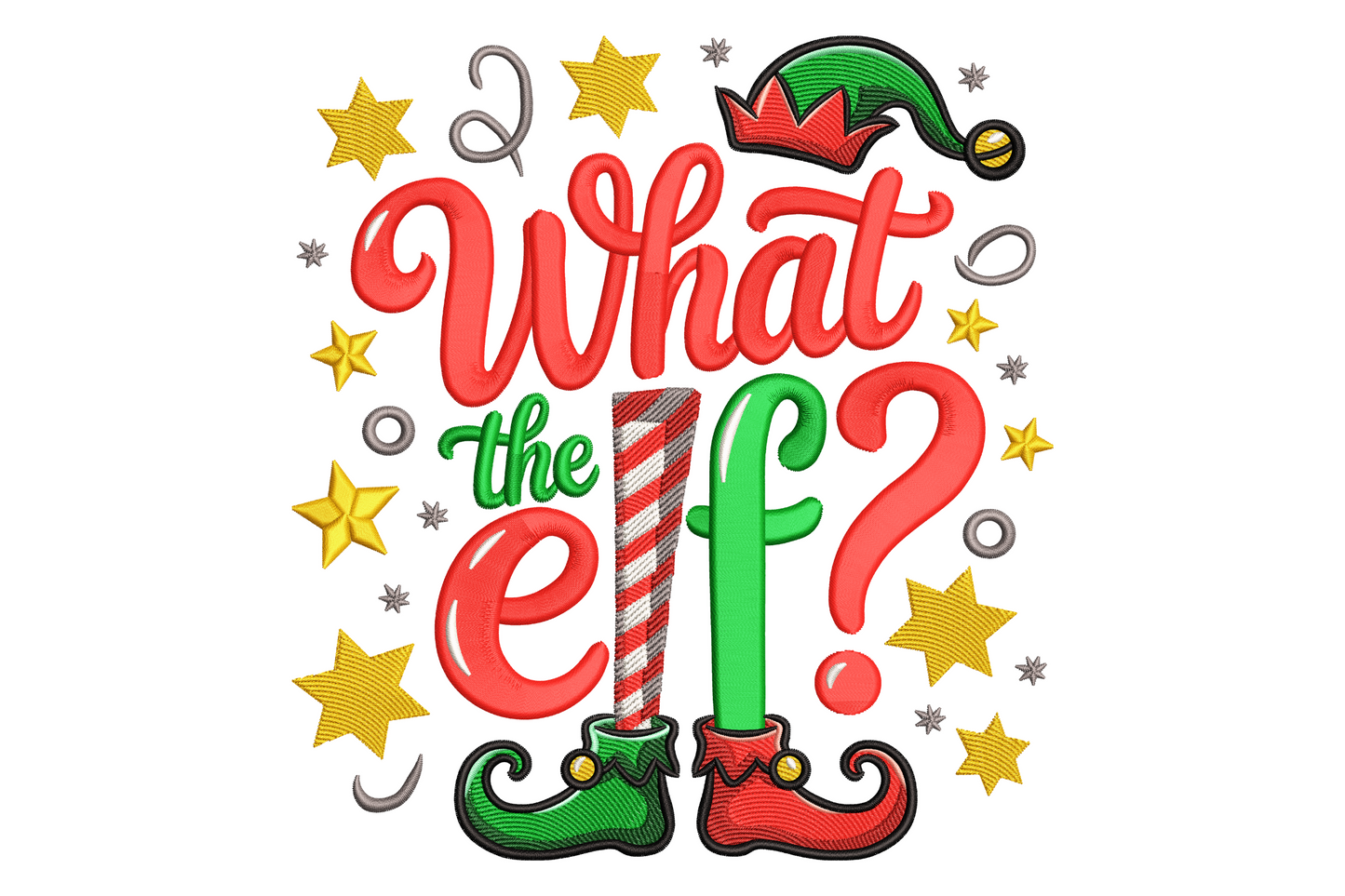 What the Elf bold red and green word art with candy cane letter L, tilted elf hat, scattered stars and curly elf boots, funny christmas embroidery