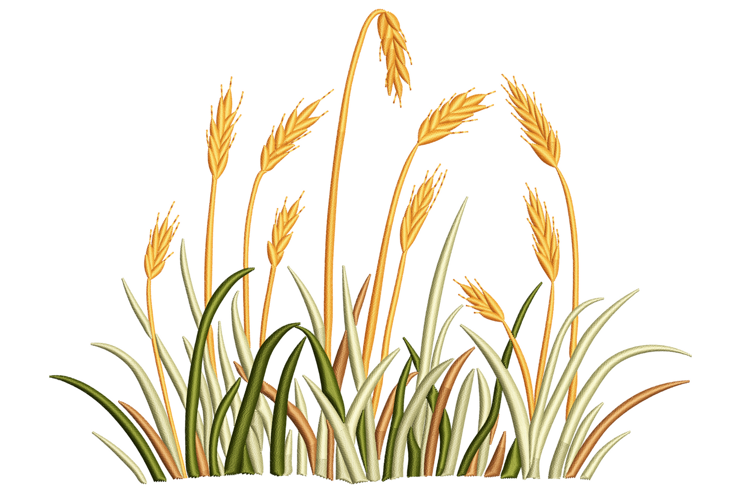 Wheat field border embroidery, gold wheat stalks rising from sage grass blades with one centre stalk bending forward.