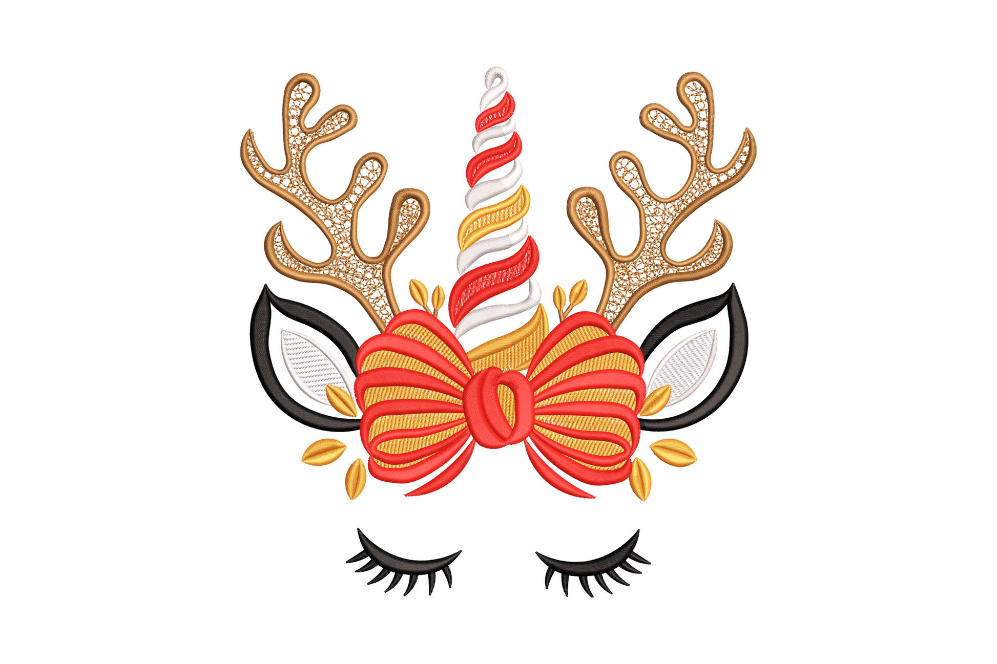 Whimsical reindeer unicorn face embroidery with brown antlers red striped horn closed eyelashes and tomato red bow.
