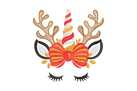 Whimsical reindeer unicorn face embroidery with brown antlers red striped horn closed eyelashes and tomato red bow.