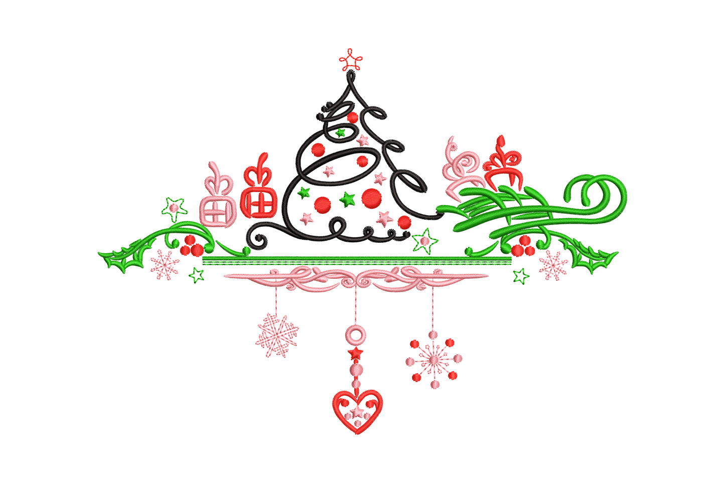 Whimsical Christmas tree shelf machine embroidery design with dangling snowflake pendants, red heart, holly border and gift boxes, 4 colors