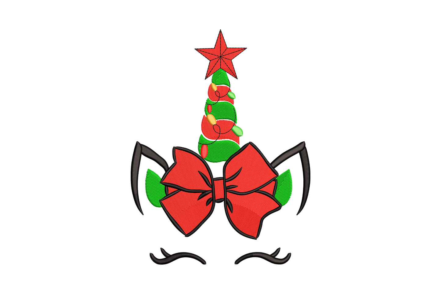 Whimsical Christmas unicorn face embroidery design, tree body with red bow and star, machine embroidery