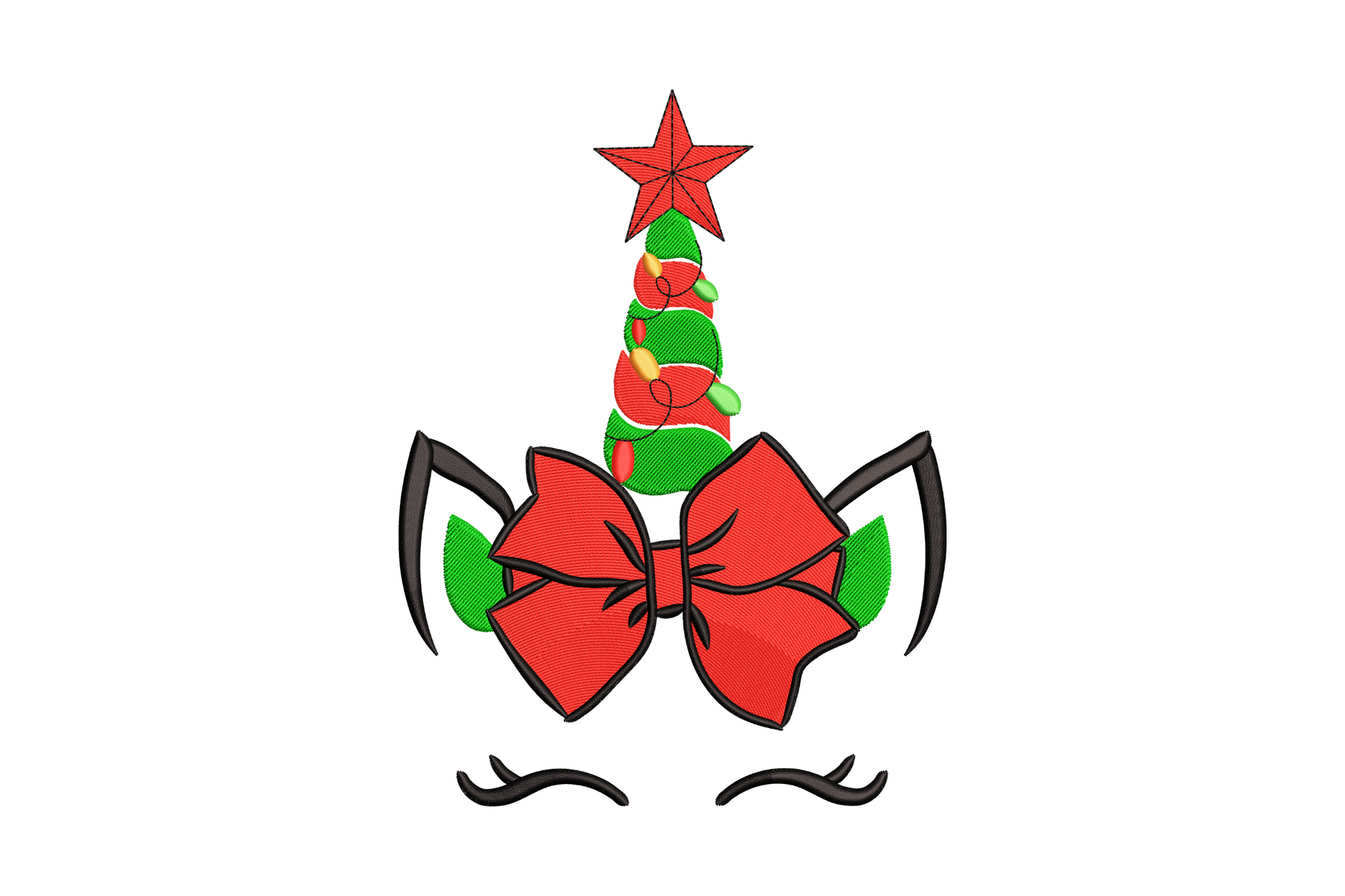 Whimsical Christmas unicorn face embroidery design, tree body with red bow and star, machine embroidery