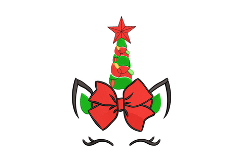 Whimsical Christmas unicorn face embroidery design, tree body with red bow and star, machine embroidery