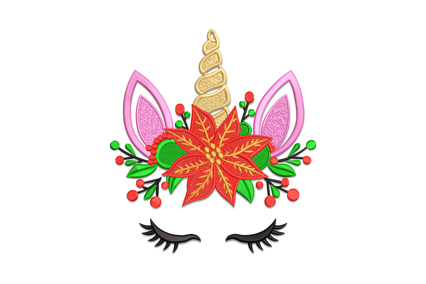 Christmas unicorn face embroidery, gold spiral horn and pink ears with red poinsettia flower crown and long curved black lashes.
