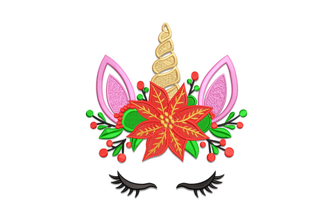 Christmas unicorn face embroidery, gold spiral horn and pink ears with red poinsettia flower crown and long curved black lashes.