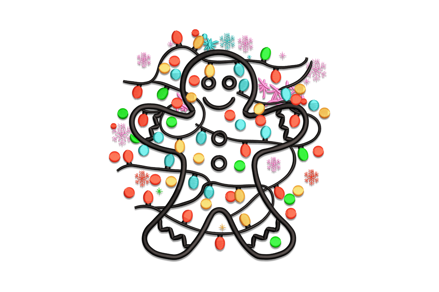 Whimsical gingerbread man embroidery with colorful Christmas bulbs and pink snowflakes scattered across the outline