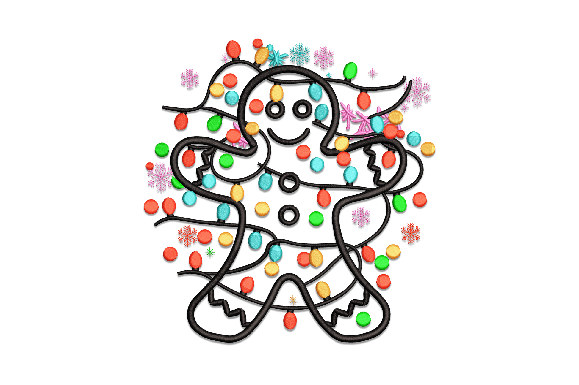 Whimsical gingerbread man embroidery with colorful Christmas bulbs and pink snowflakes scattered across the outline