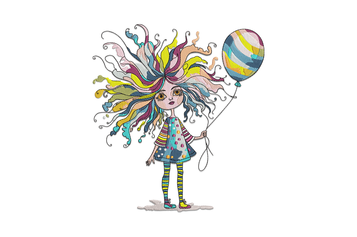Whimsical girl with wild multicolour hair holding a striped balloon, machine embroidery design in 15 thread colours.