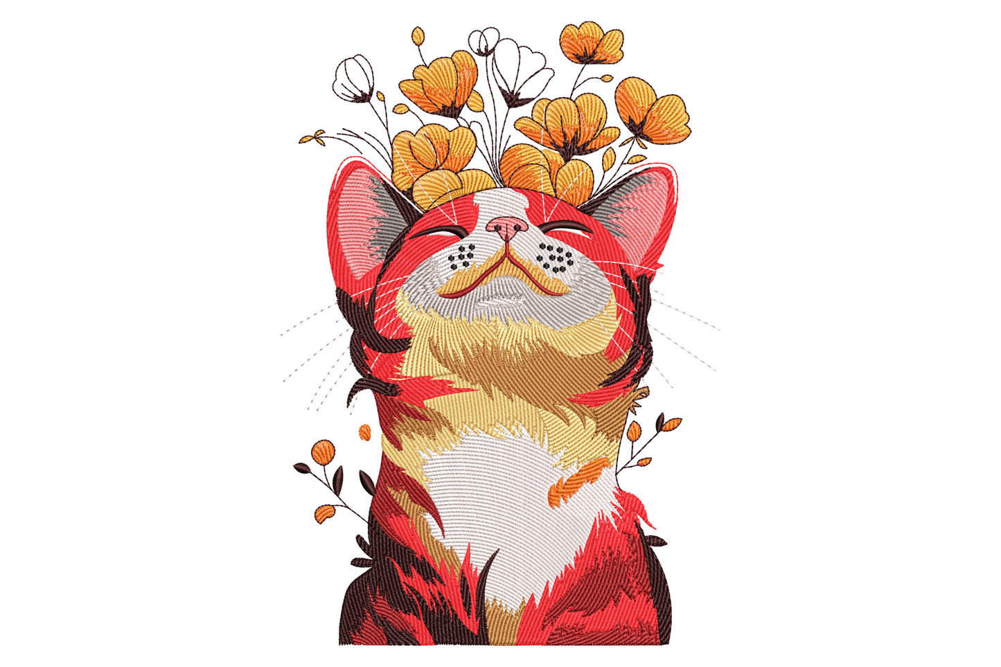 Whimsical kitty embroidery design, orange tabby cat with closed eyes and golden poppy flower crown, rich directional fur stitching.