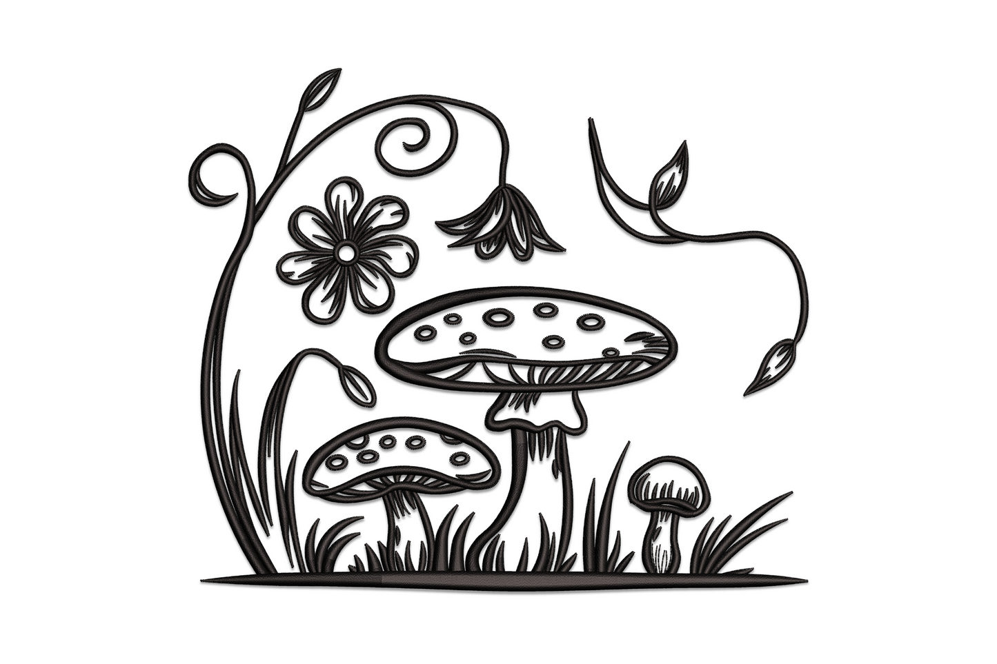 Whimsical mushroom garden embroidery design in pen-sketch style with toadstools, curling vines, bell flower and daisy in black thread.