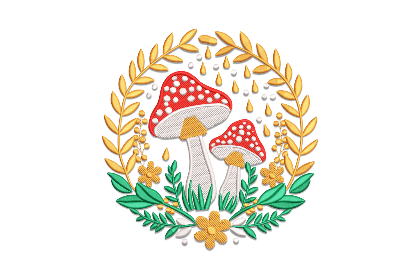 Whimsical mushroom wreath embroidery design with two red-capped toadstools with white polka dots inside a golden wheat laurel wreath with green leaves and yellow daisy flowers.