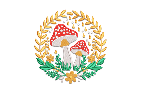 Whimsical mushroom wreath embroidery design with two red-capped toadstools with white polka dots inside a golden wheat laurel wreath with green leaves and yellow daisy flowers.