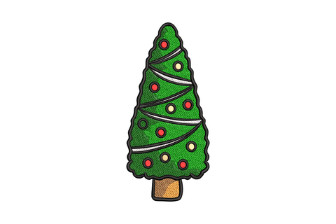 Whimsical christmas tree embroidery design with red baubles, white garland swoops and bold black outline, 5 sizes