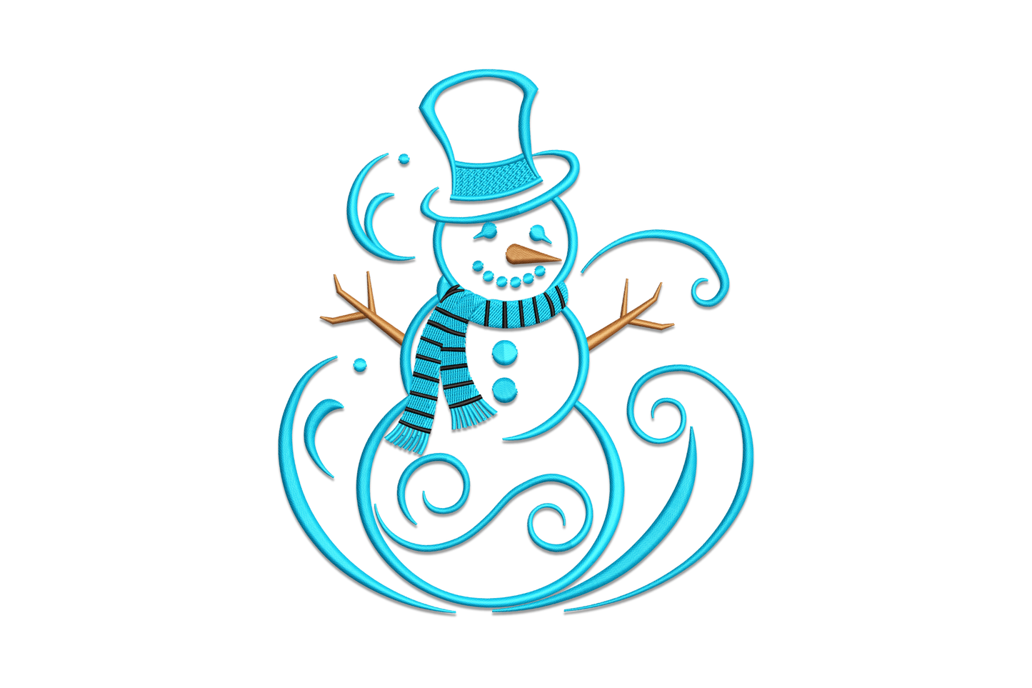 Whimsical snowman embroidery design with scroll base, striped scarf and top hat in cyan-blue, 5 sizes 3.5 to 7.5 inches