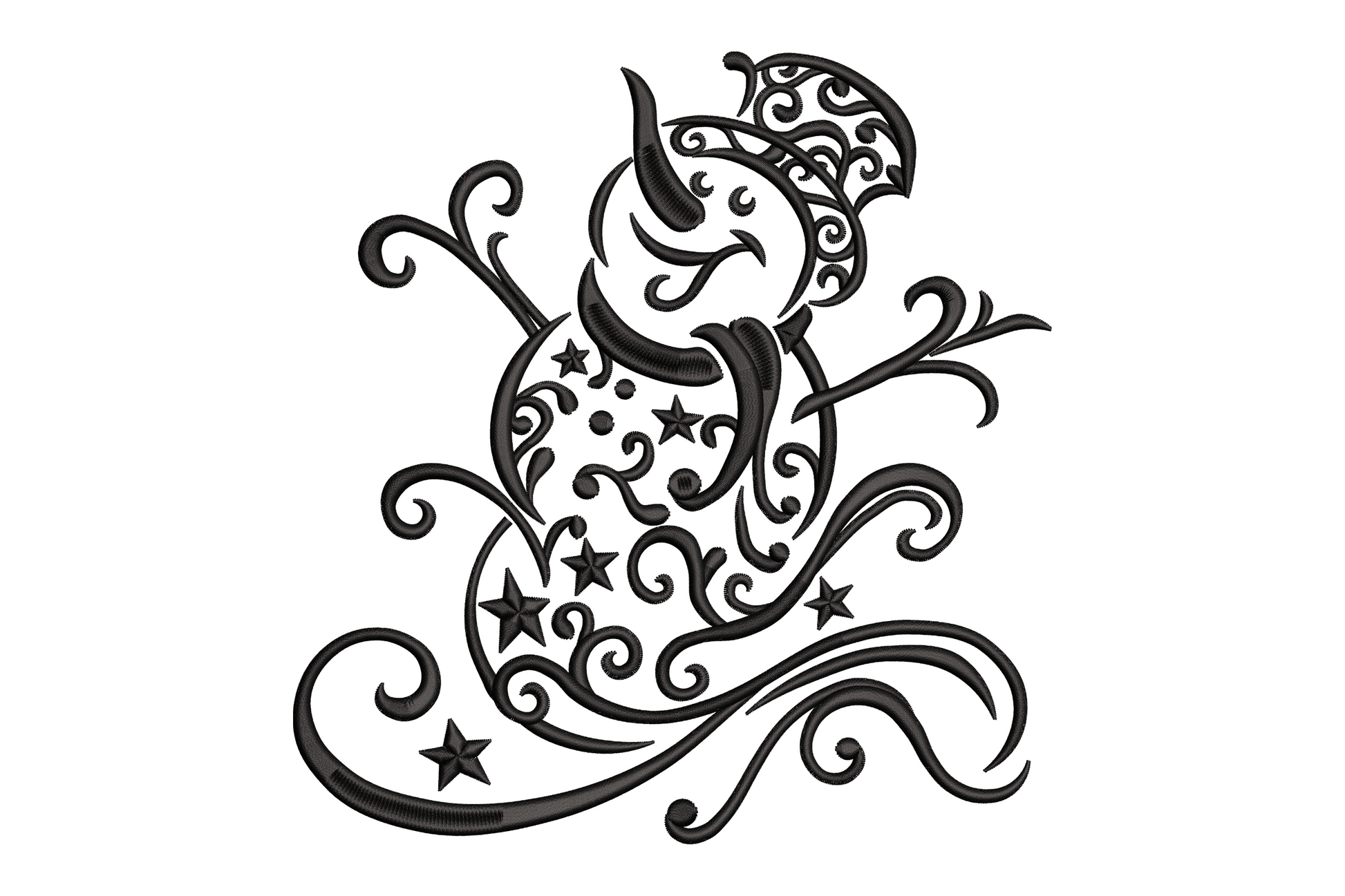 Ornate whimsical snowman made of baroque swirl scrollwork with scattered stars in single black thread