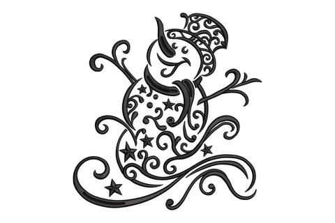 Ornate whimsical snowman made of baroque swirl scrollwork with scattered stars in single black thread
