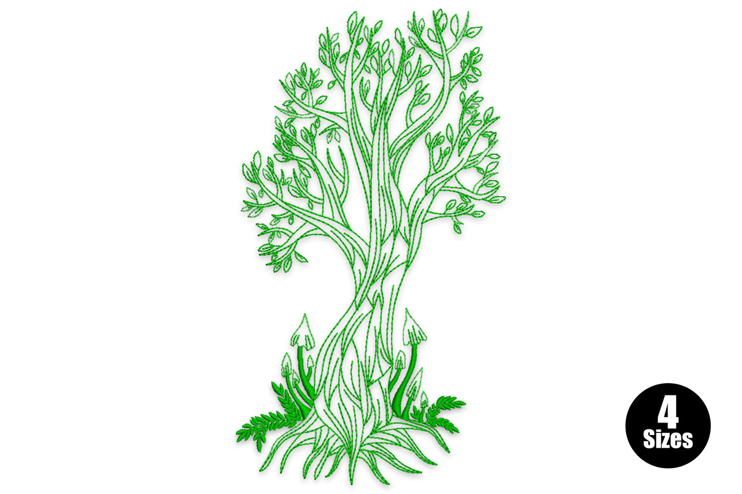 Whimsical tree of life line art embroidery in dark green, tall curling branches with oval leaf tips and fern base, no fill