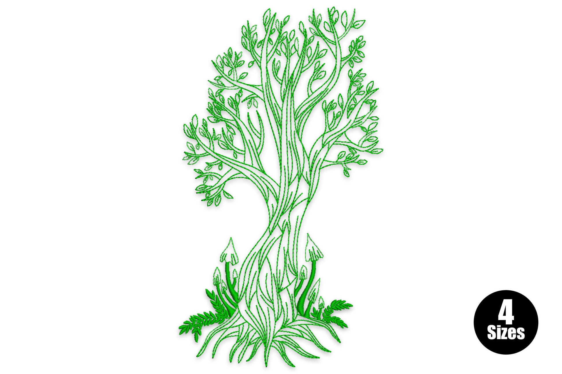 Whimsical tree of life line art embroidery in dark green, tall curling branches with oval leaf tips and fern base, no fill