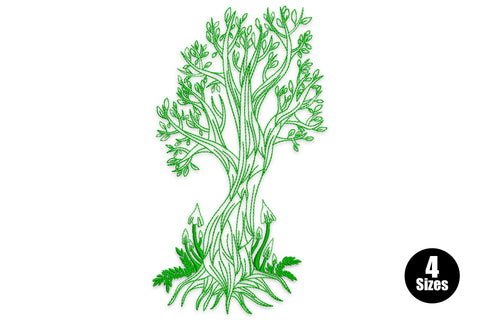 Whimsical tree of life line art embroidery in dark green, tall curling branches with oval leaf tips and fern base, no fill