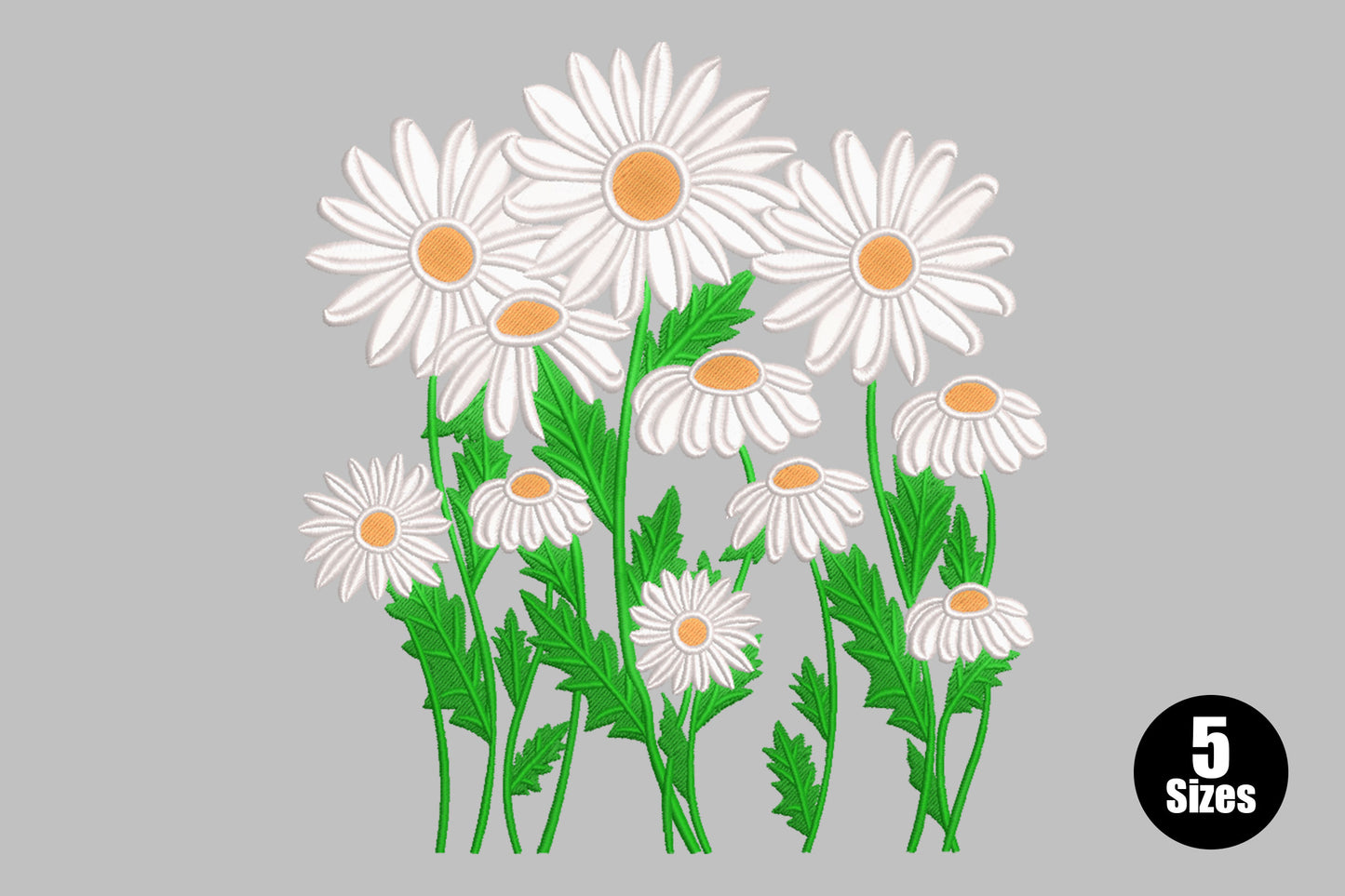 White daisy bouquet embroidery, golden orange centres, dark green stems, dense cluster of off-white petals.