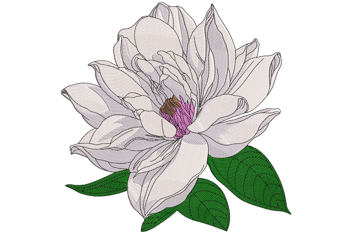 White peony embroidery with layered cream petals, magenta stamen at centre and two dark green leaves curving below.