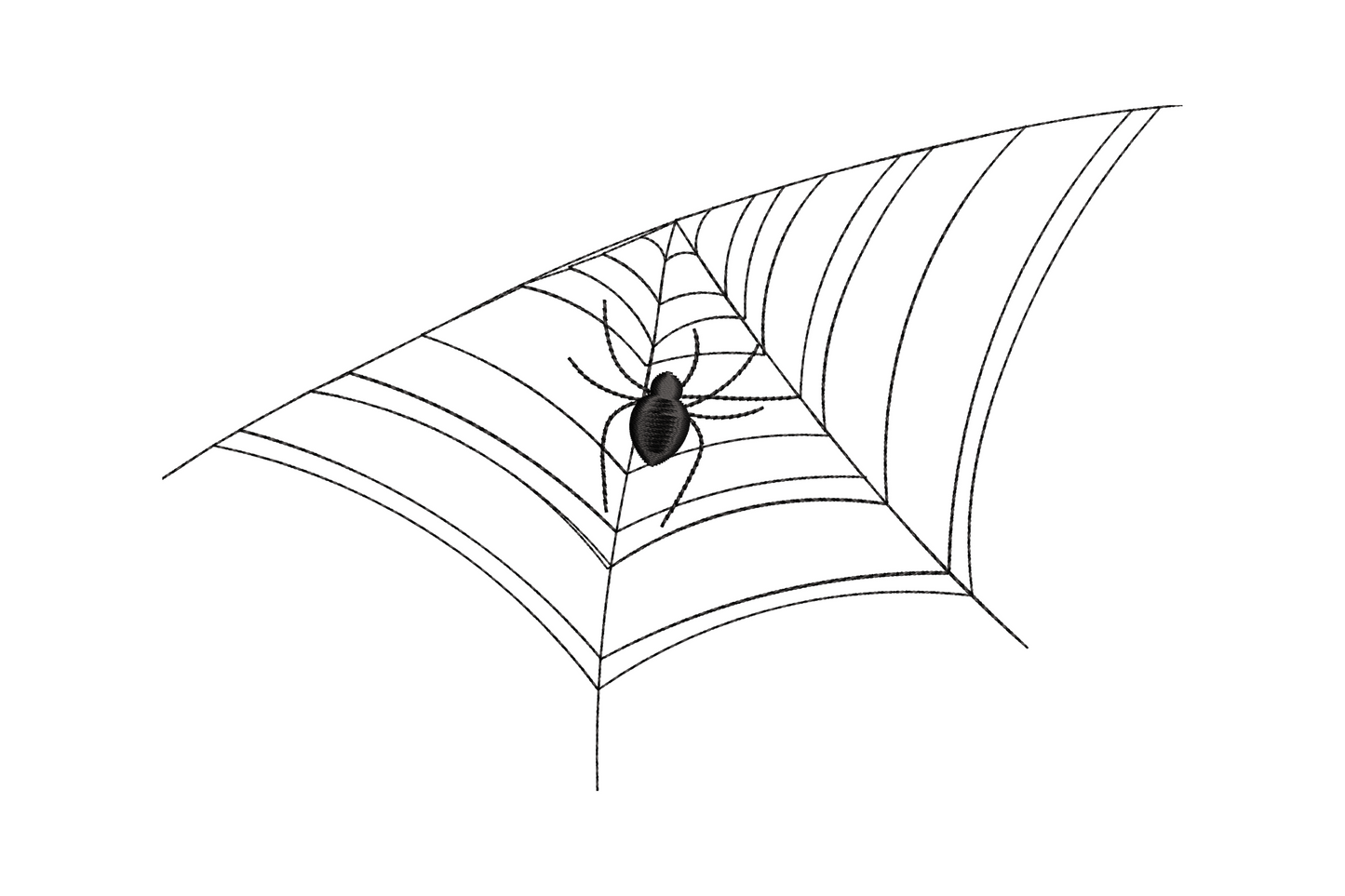 Wide landscape corner spider web embroidery design with solid spider at the hub, horizontal spread, black thread