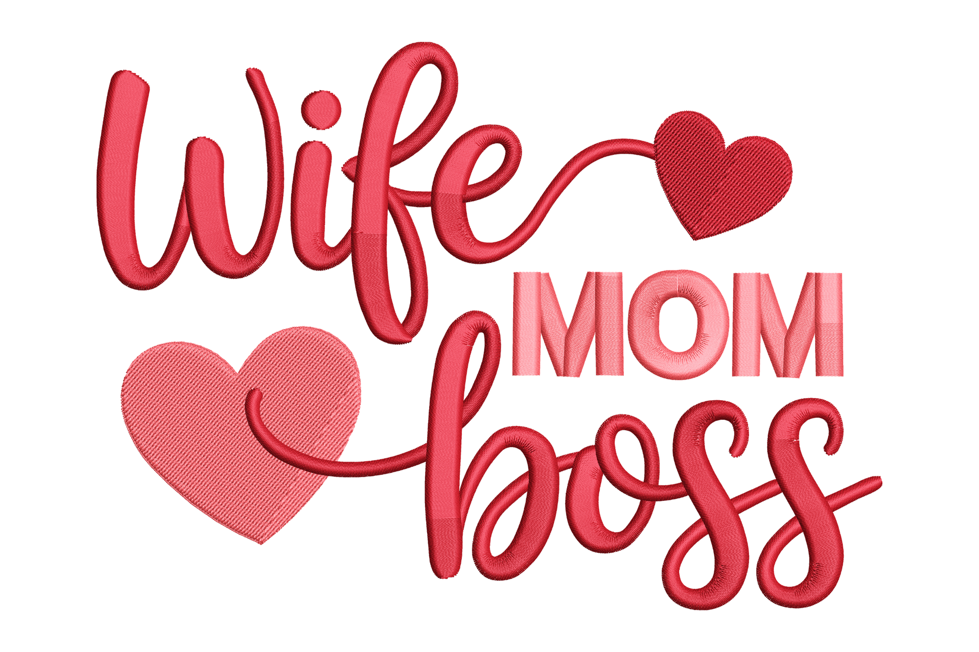 Text 'Wife Mom Boss' with heart symbols embroidery design
