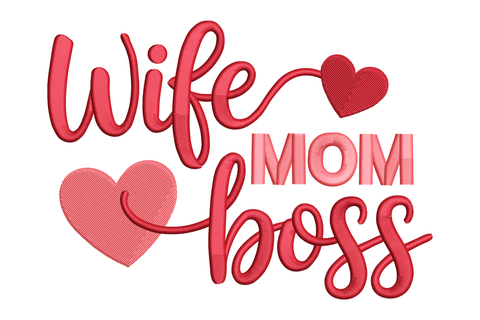 Text 'Wife Mom Boss' with heart symbols embroidery design