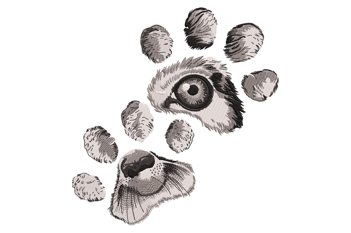 Wild animal paw print embroidery design with wolf eye and nose hidden in monochrome crosshatch paw pad stitching.