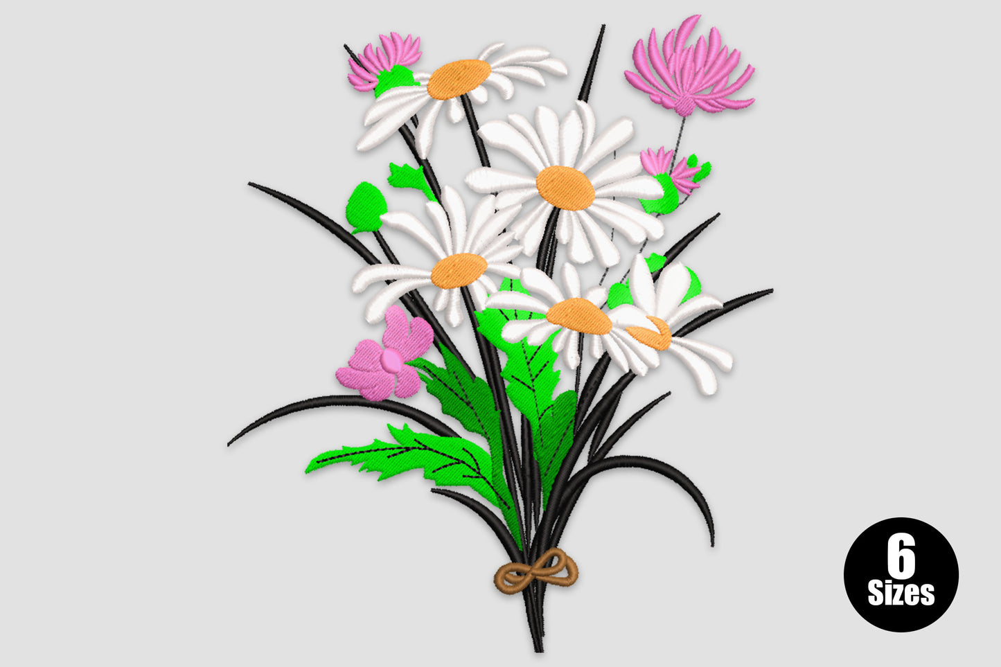 Wild daisy bouquet embroidery with white petals, orange centres, pink buds and green leaves tied with a twine bow.