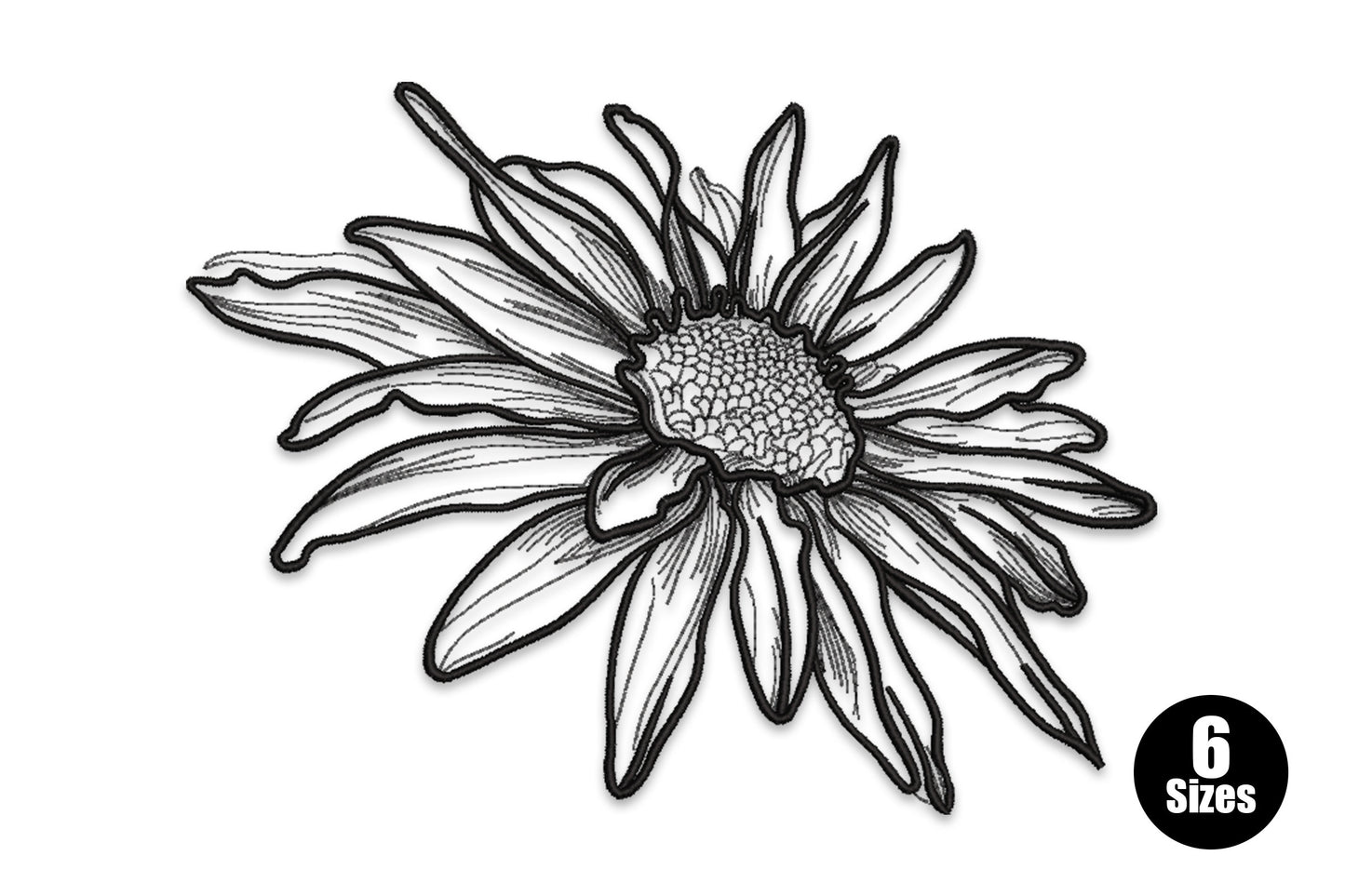 Wild daisy line art embroidery design, single gerbera head in fine black outline stitching with detailed petals and textured center, no fill.