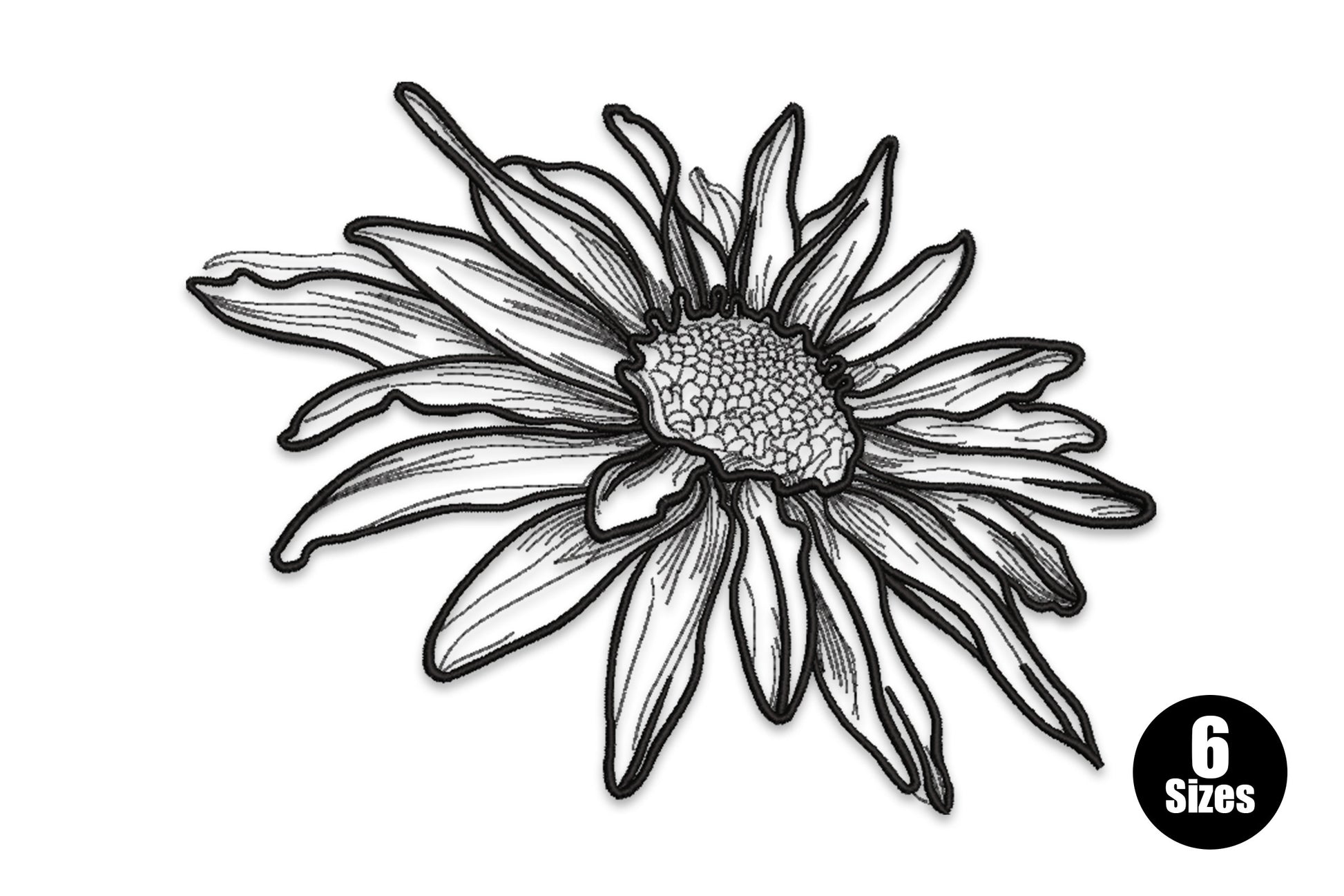 Wild daisy line art embroidery design, single gerbera head in fine black outline stitching with detailed petals and textured center, no fill.