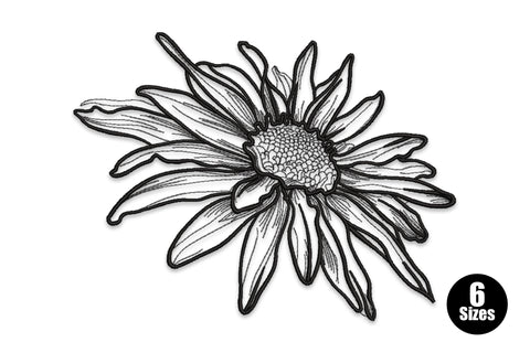 Wild daisy line art embroidery design, single gerbera head in fine black outline stitching with detailed petals and textured center, no fill.