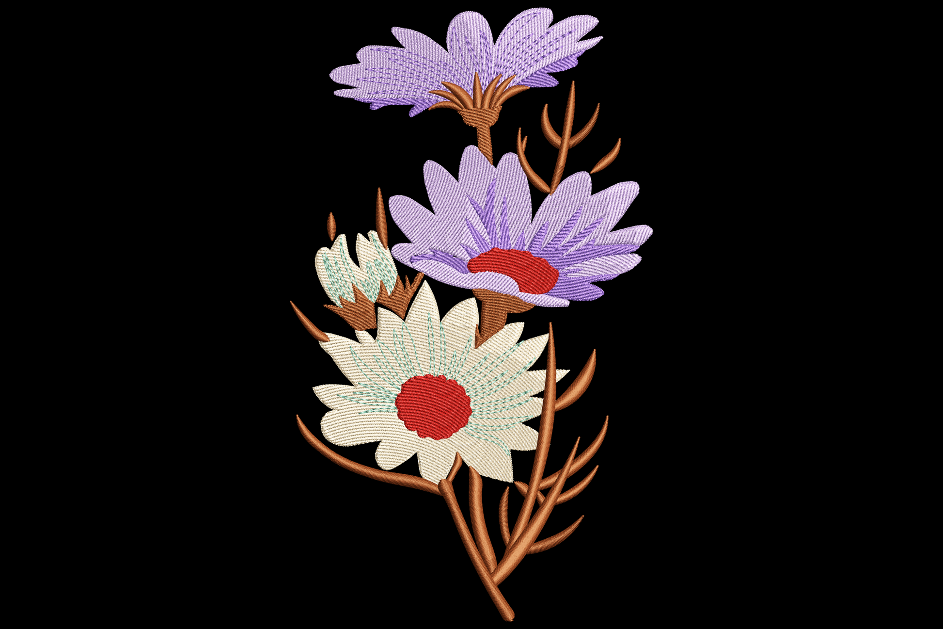 Wild garden blooms embroidery bouquet with two tall purple-blue aster flowers and a large cream white open daisy on woody brown stems.