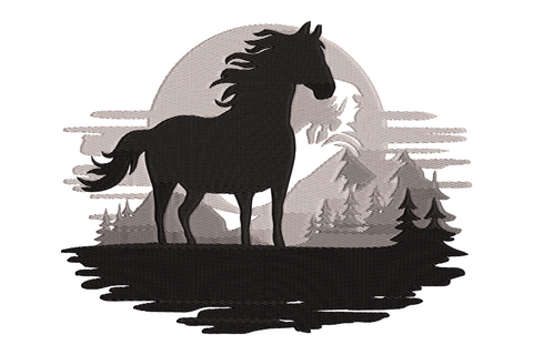 Wild horse galloping landscape machine embroidery design, three colours charcoal brown tan, flowing mane and tail, wide horizontal composition on white background.