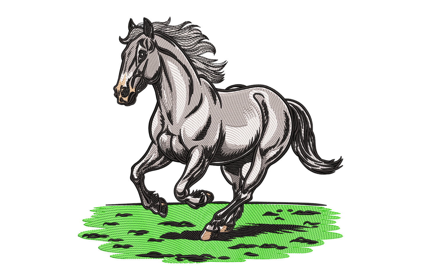 Wild running horse embroidery design, heavy black outline engraved style, 7 colors white body and green ground, 5 sizes up to 6.99 inches wide.
