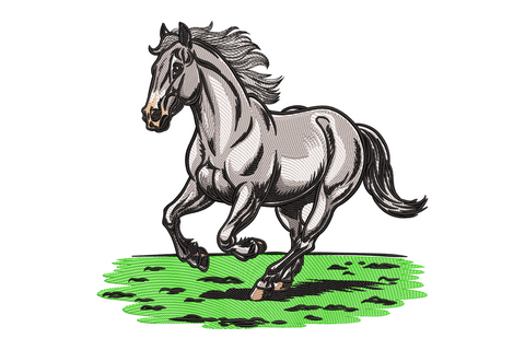 Wild running horse embroidery design, heavy black outline engraved style, 7 colors white body and green ground, 5 sizes up to 6.99 inches wide.