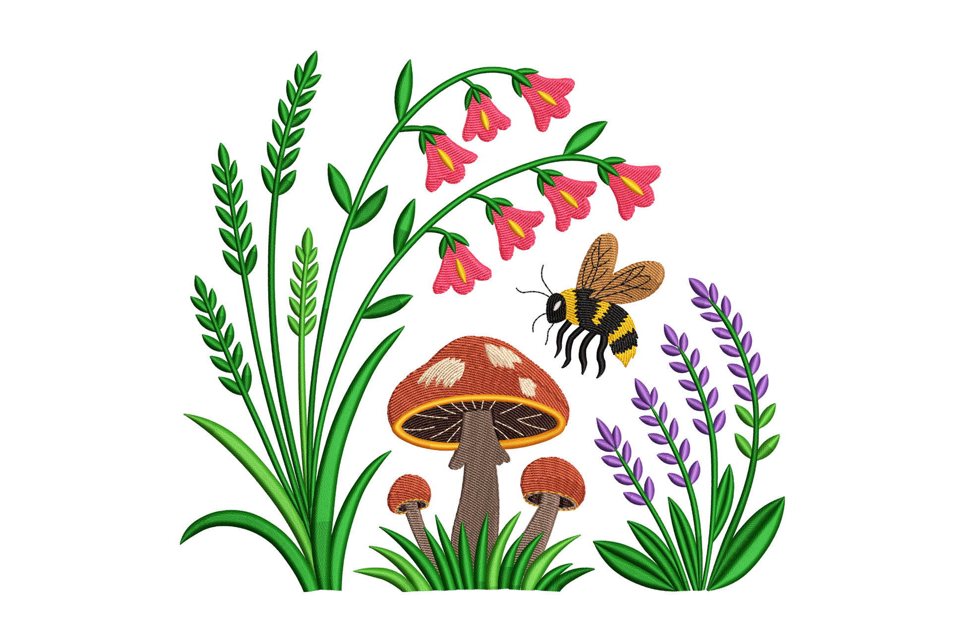 Illustration of a bee, flowers, and mushrooms on a white background