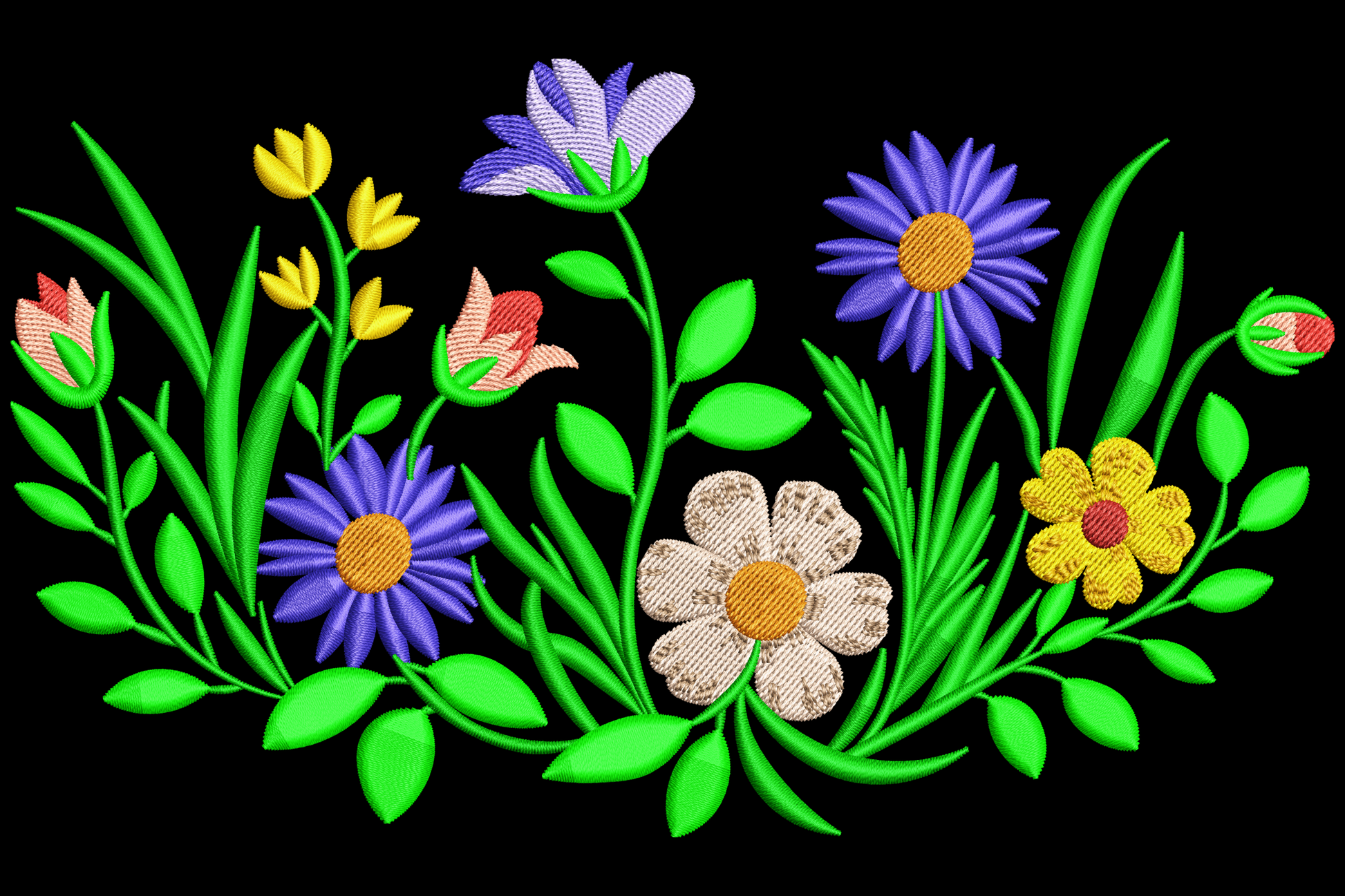 Wildflower border embroidery with cream daisy, purple asters, yellow buttercups, red tulip and blue bell flower on green stems.