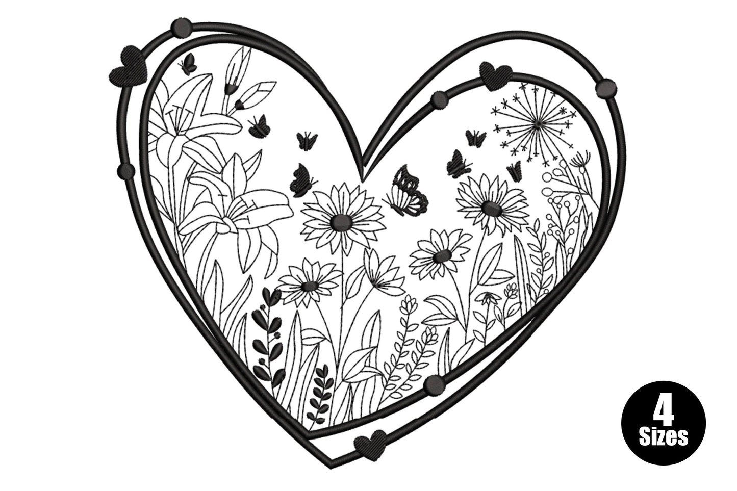 Wildflower botanical heart embroidery design with a double-outline heart border filled with lilies, daisies, dandelion puffs and butterflies in black line art.