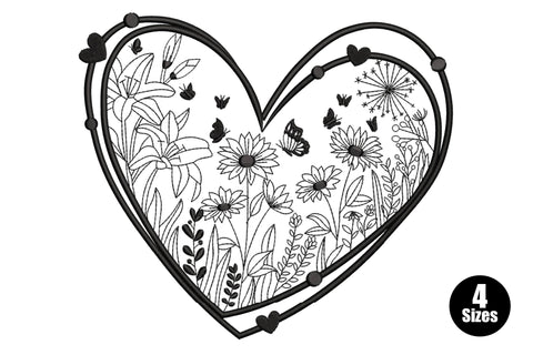Wildflower botanical heart embroidery design with a double-outline heart border filled with lilies, daisies, dandelion puffs and butterflies in black line art.