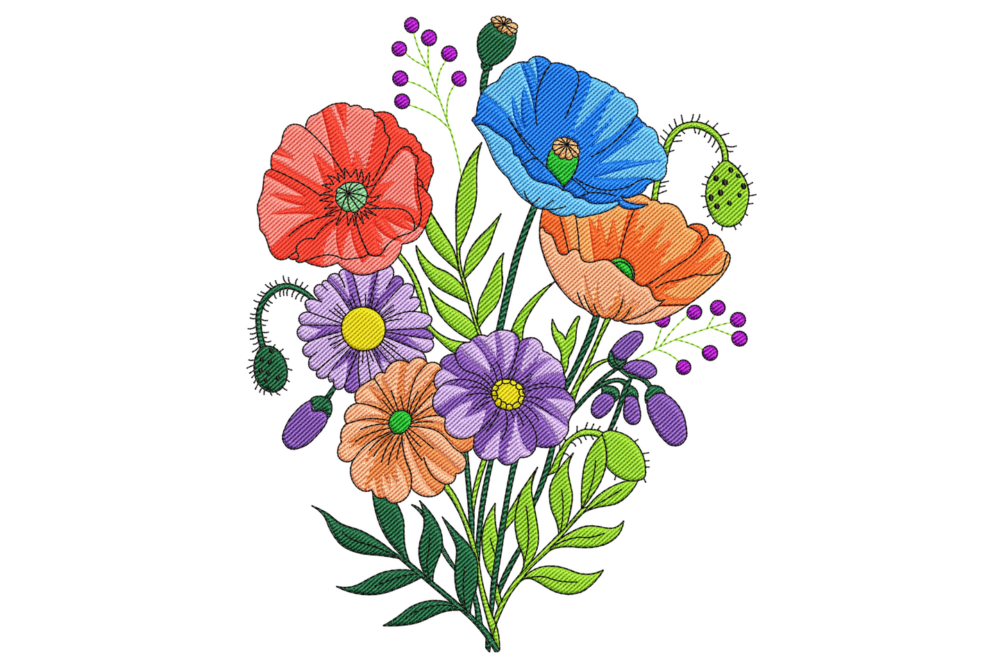 Painterly wildflower bouquet embroidery design with red blue and orange poppies, peach daisy, purple cosmos, lilac aster and trailing green stems and ferns.