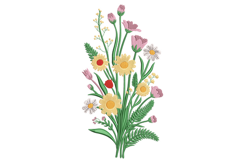 Wildflower bouquet machine embroidery design showing a loosely tied bunch of daisies, buds, and stems in yellow, pink, and green on white background.