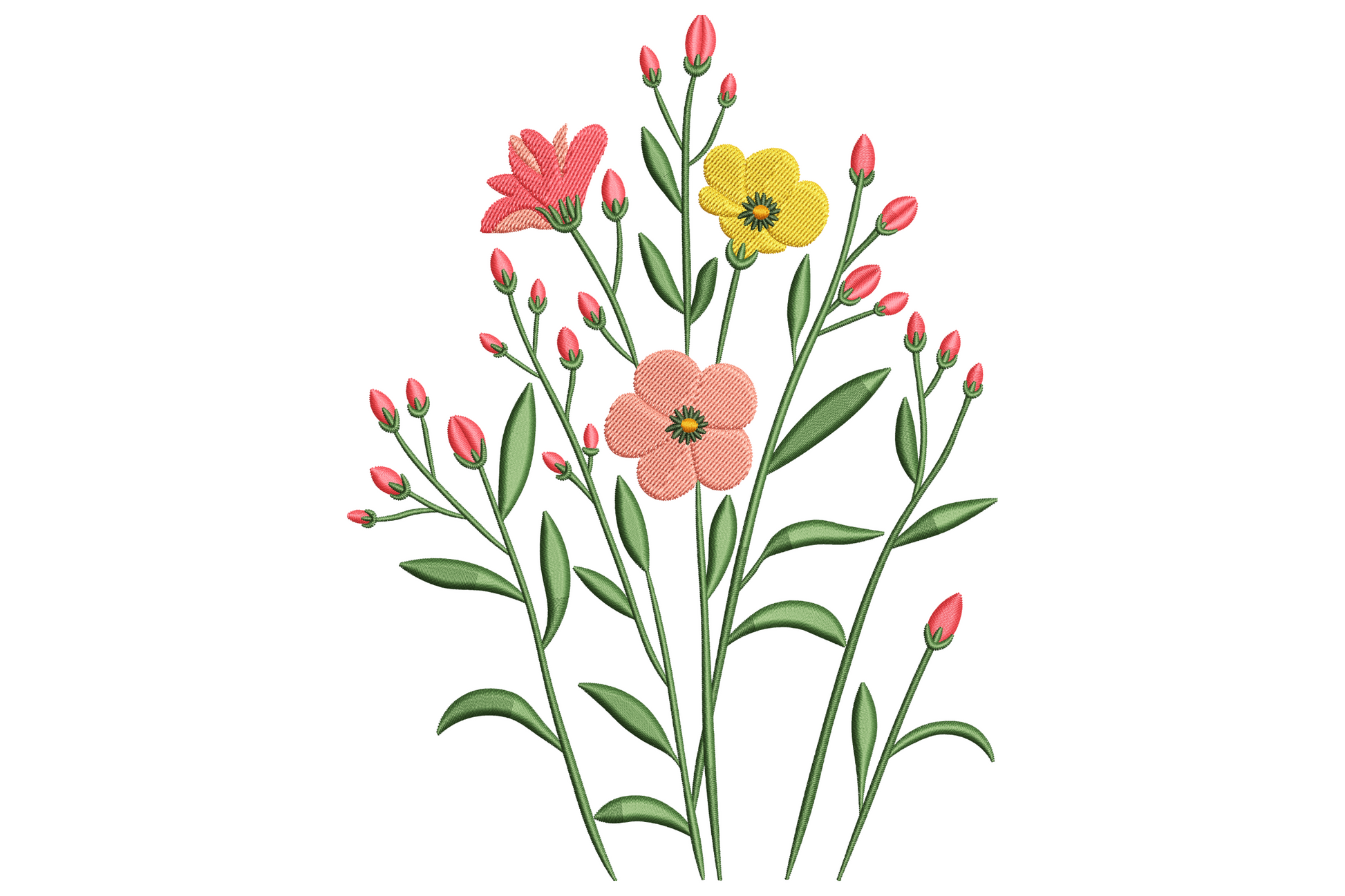 Elegant wildflower bouquet embroidery design with daisies in cream and butter yellow, coral poppies, lavender spike, cornflower blue forget-me-nots, gold wheat, sage leaves, eight colours.