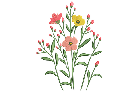 Elegant wildflower bouquet embroidery design with daisies in cream and butter yellow, coral poppies, lavender spike, cornflower blue forget-me-nots, gold wheat, sage leaves, eight colours.